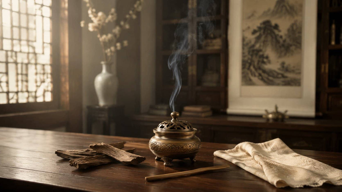Traditional Chinese incense ceremony with a bronze censer raising thin smoke beside agarwood chips