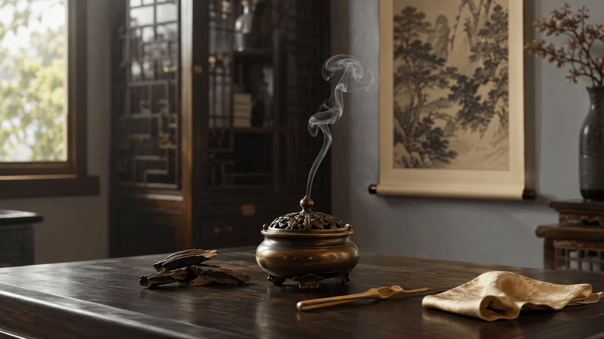 Bronze incense burner with rising smoke and agarwood pieces in a classic Chinese study