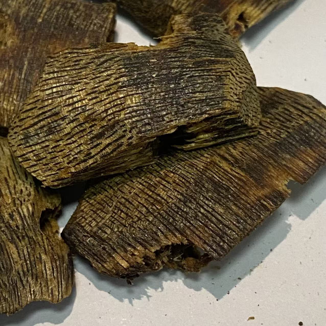 Close-up of agarwood wood pieces with dense black resin streaks