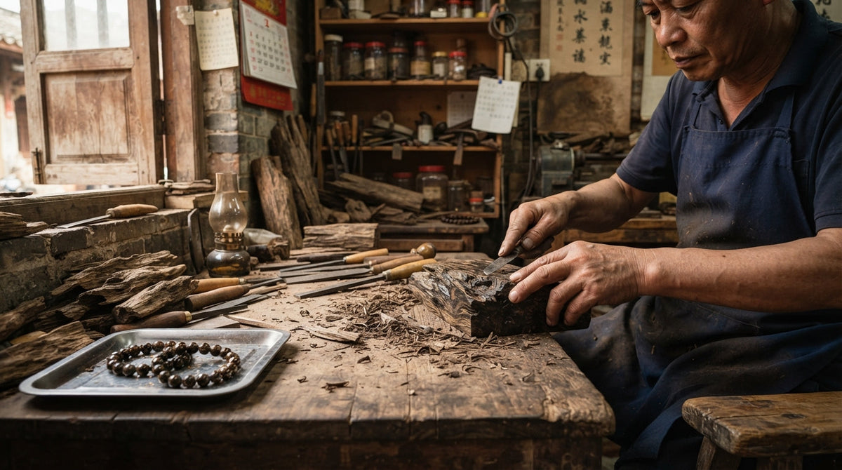 Craftsman carving a resin-rich agarwood block in a traditional Chinese workshop with tools and bead bracelets nearby