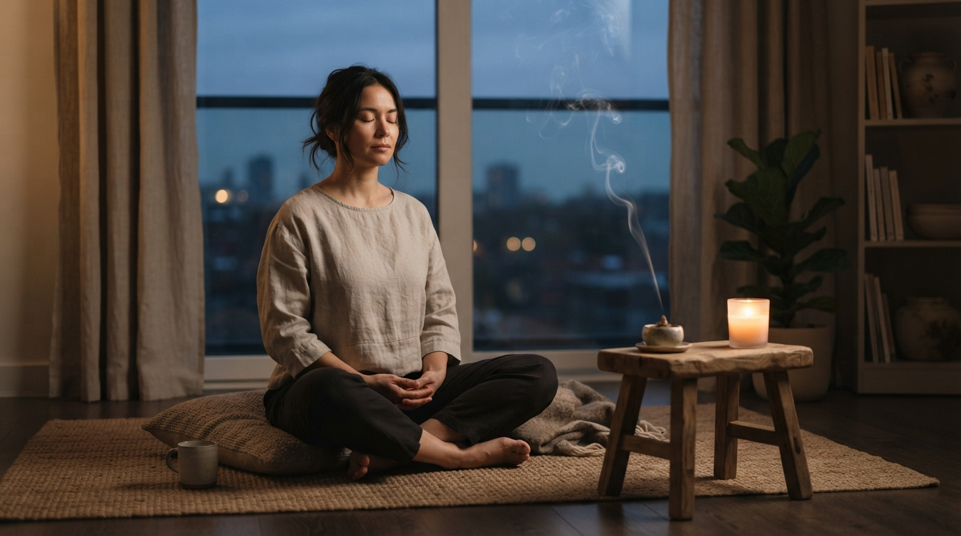 Woman meditating at dusk beside a small ceramic burner with a thin ribbon of agarwood smoke in a modern living room