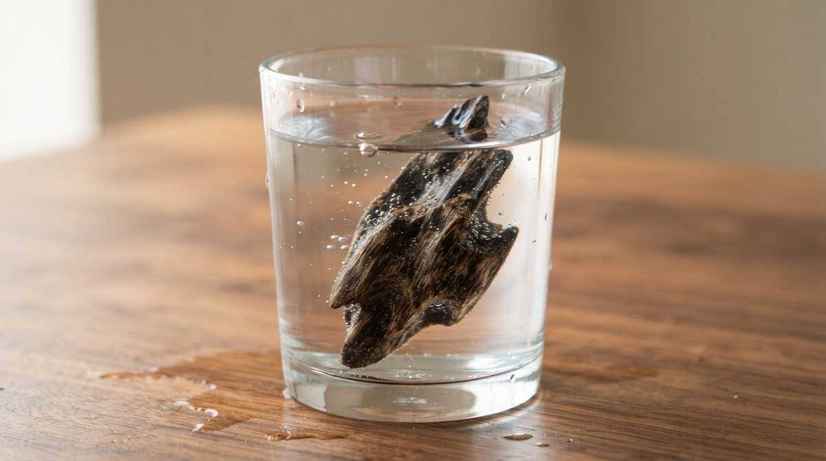 Dark resin-rich agarwood piece sinking in a clear glass of water during a home sinking-grade test