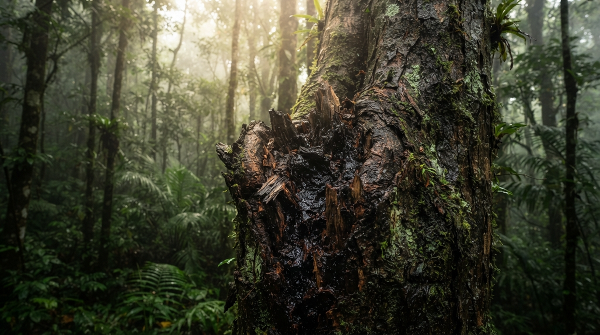 Dark resin forming on a wounded Aquilaria tree trunk in a misty tropical forest