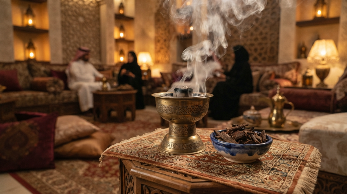 Ornate brass mabkhara burner with rising bakhoor smoke and a blue bowl of agarwood oud chips in an Arabian majlis