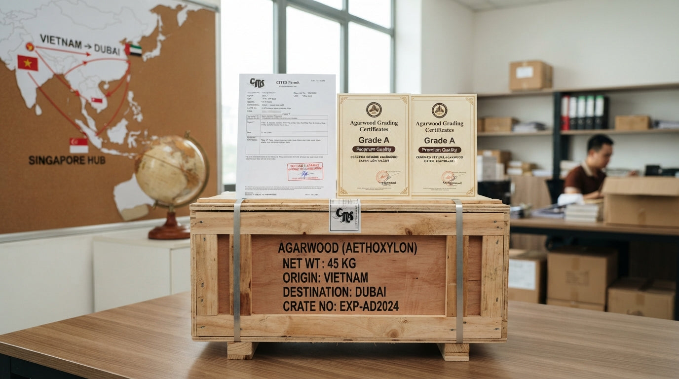 Sealed agarwood export crate with CITES permit and grading certificates for international shipment