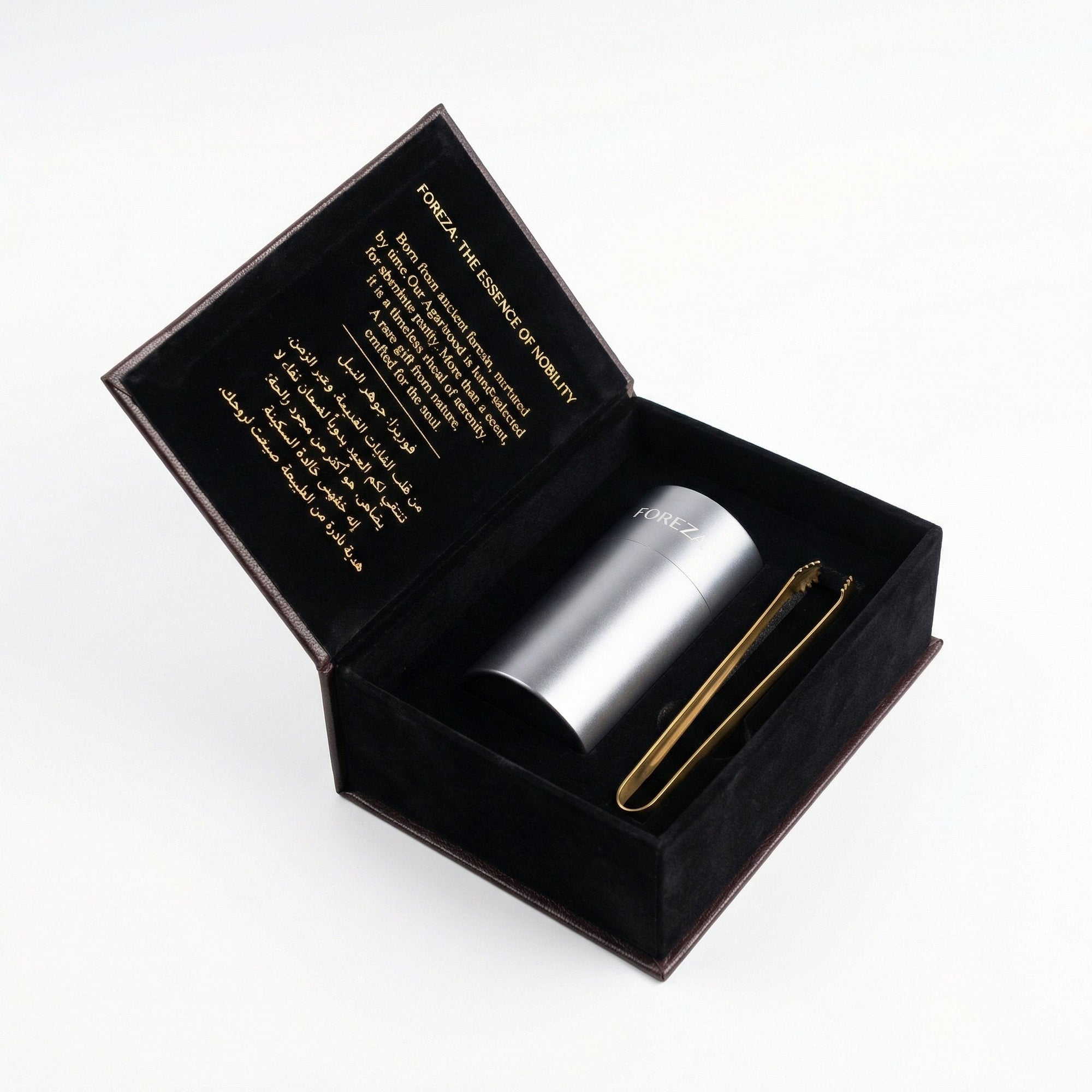 FOREZA silver oud incense canister with gold tongs inside velvet lined box
