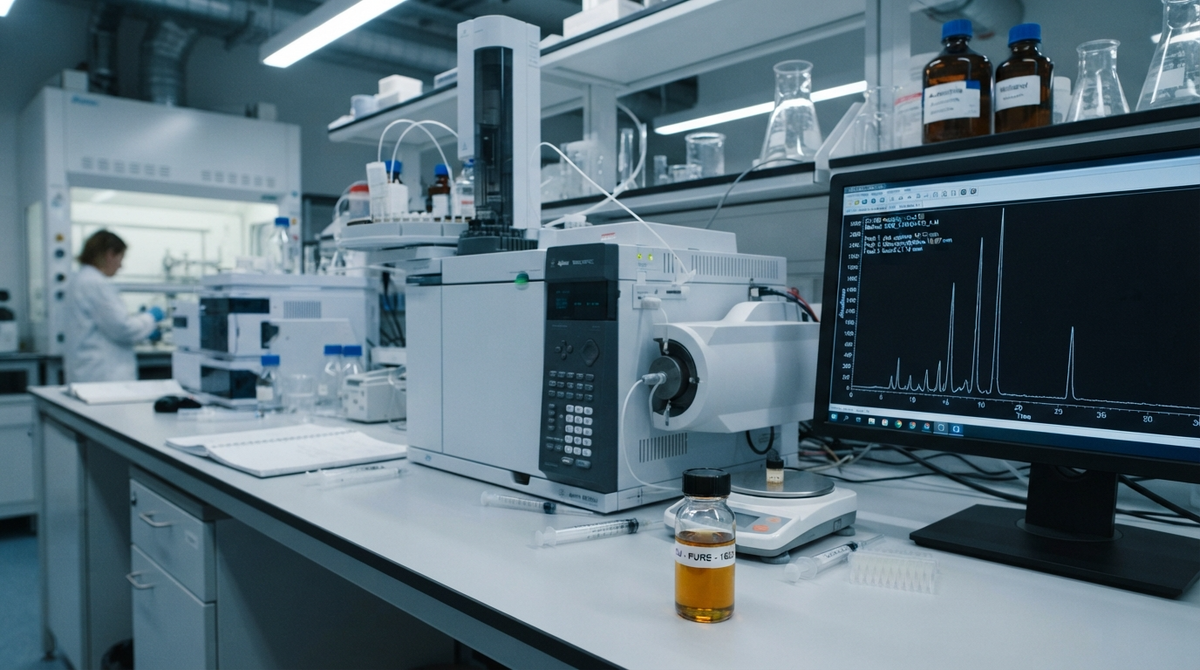 GC-MS laboratory instrument with a chromatogram on screen and a vial of oud oil ready for agarwood testing