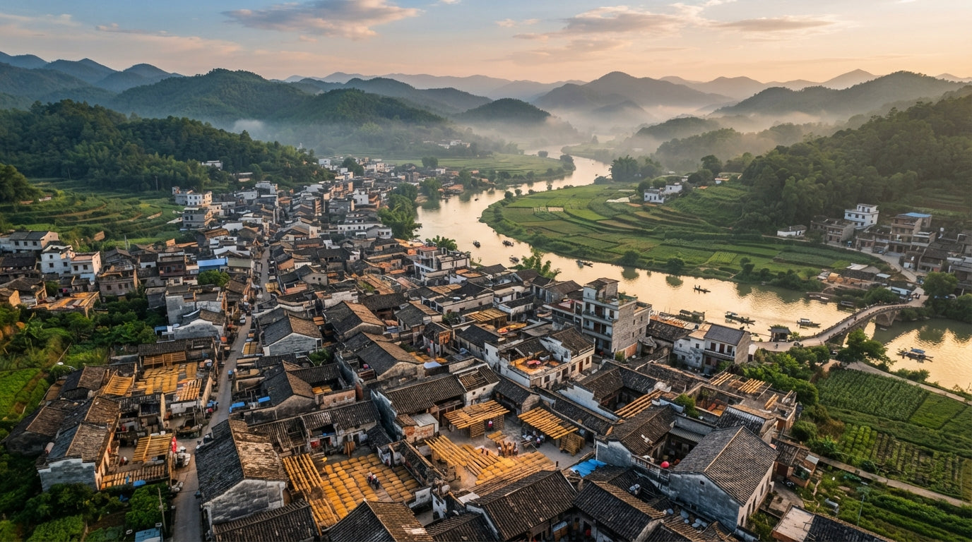 Aerial view of a southern Chinese agarwood town with rivers, hills and drying courtyards at golden hour
