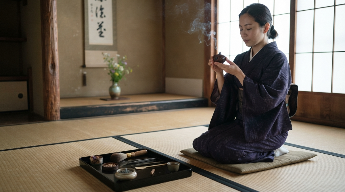 Woman in kimono listening to incense during a Japanese kodo ceremony with tools on a lacquer tray