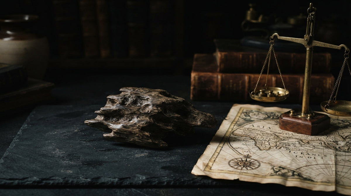 Premium agarwood piece on dark slate with an antique map and brass balance scale in a collector still life
