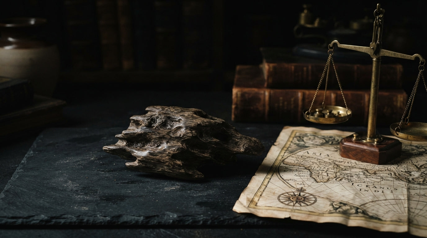 Premium agarwood piece on dark slate with an antique map and brass balance scale in a collector still life