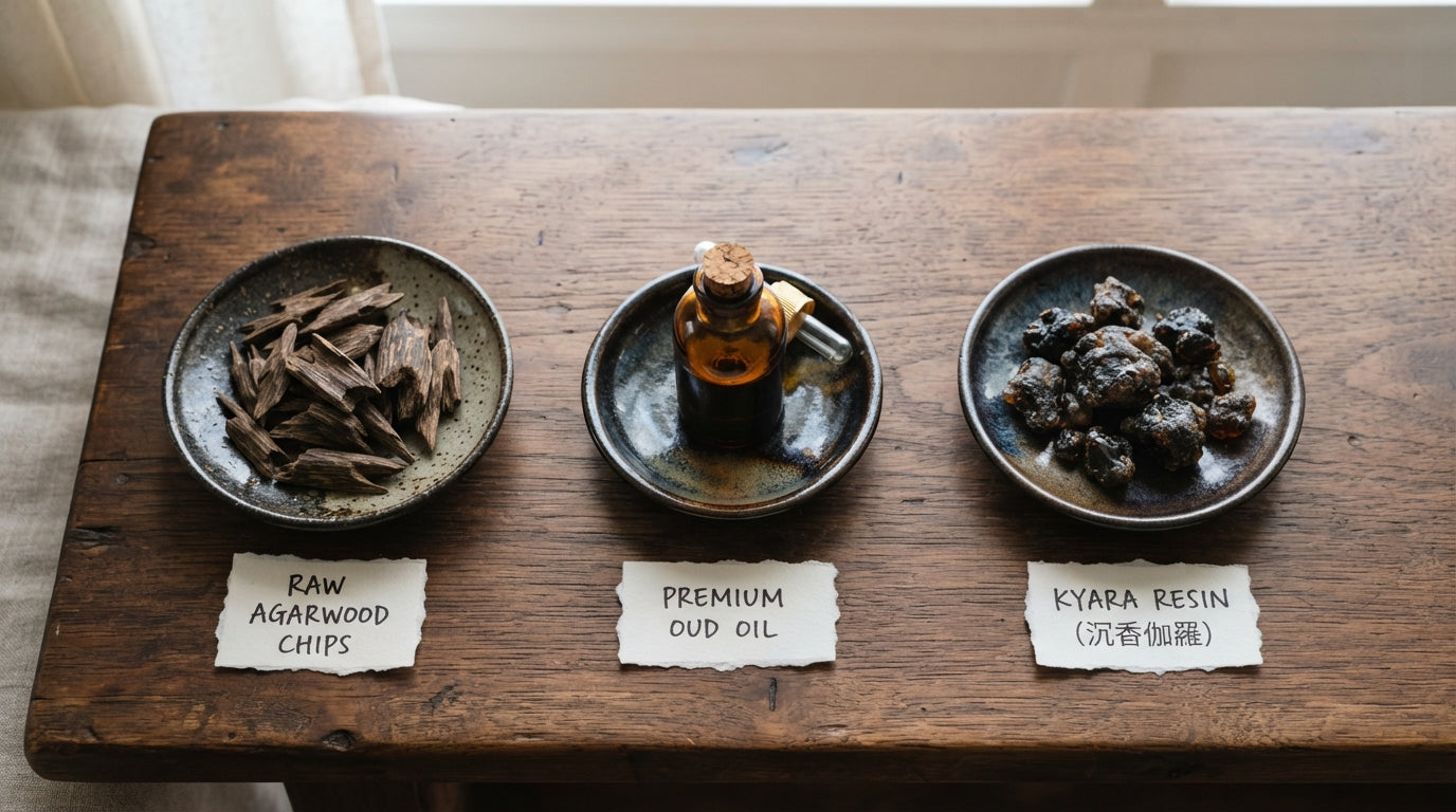 Three dishes comparing raw agarwood chips, premium oud oil, and kyara resin with labels on a wooden table
