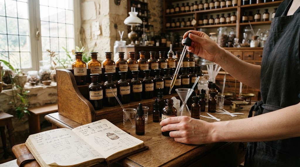 Perfumer blending oud oil from amber bottles with a pipette in a rustic atelier with a formula notebook