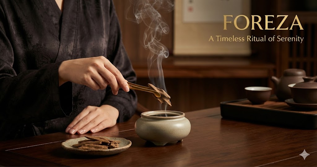Woman placing agarwood oud chips into a ceramic incense burner during a tea ceremony