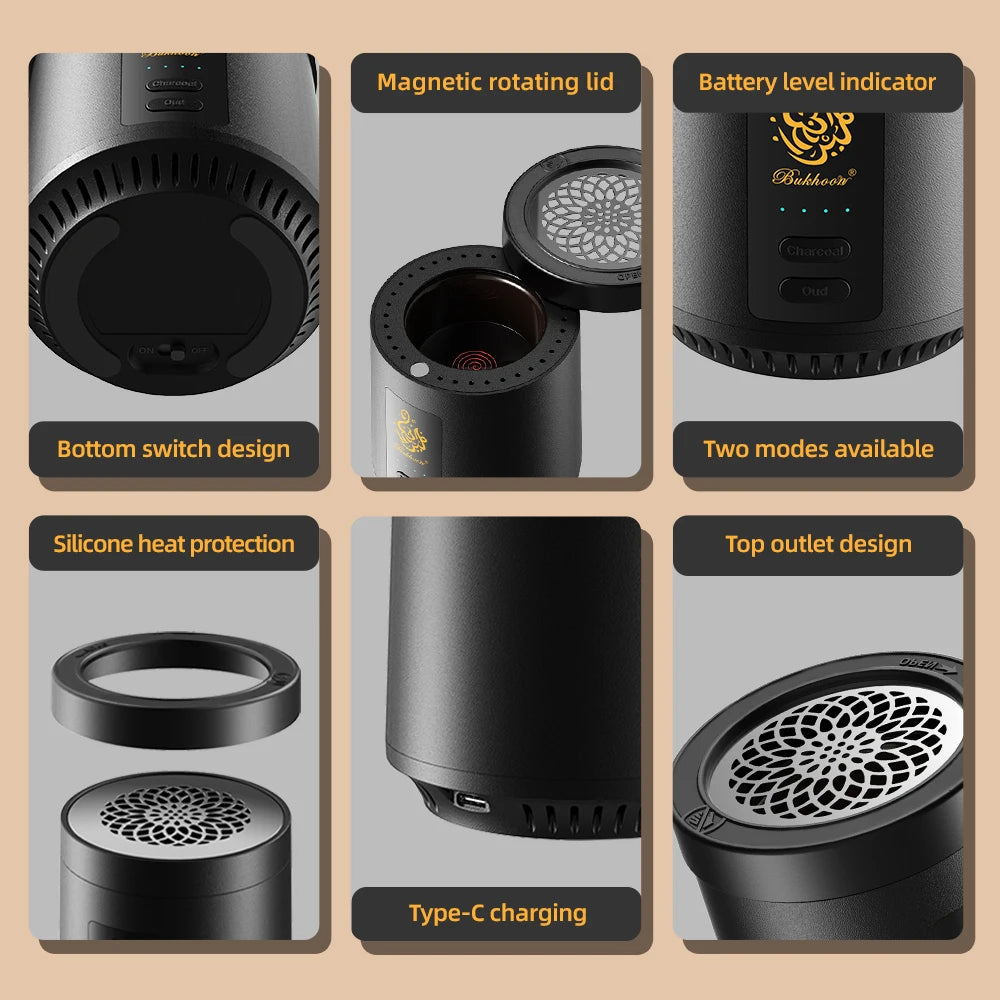 Charcoal Oud 2-in-1 Electric Incense Burner Type-C Portable Burner Aoma Diffuser for Car