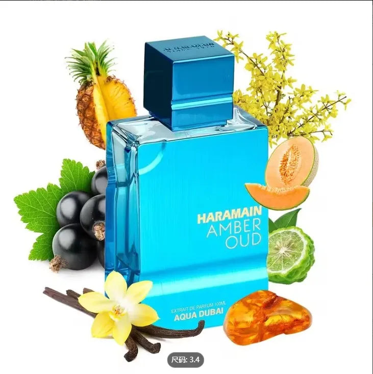Al Haramai.n Amber Oud Aqua Dubai's refreshing aquatic notes are infused with the warm woody aroma of amber and agarwood. The blue bottle body replicates the Dubai coastline's shimmering light, unlocking the luxurious ocean fragrance of the cit.y