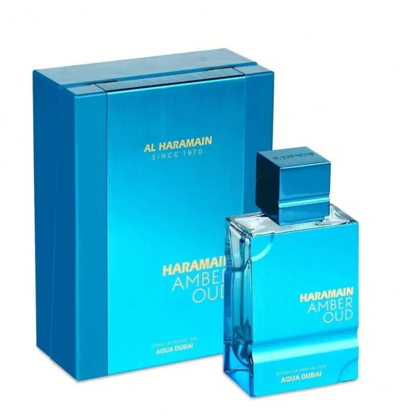 Al Haramai.n Amber Oud Aqua Dubai's refreshing aquatic notes are infused with the warm woody aroma of amber and agarwood. The blue bottle body replicates the Dubai coastline's shimmering light, unlocking the luxurious ocean fragrance of the cit.y