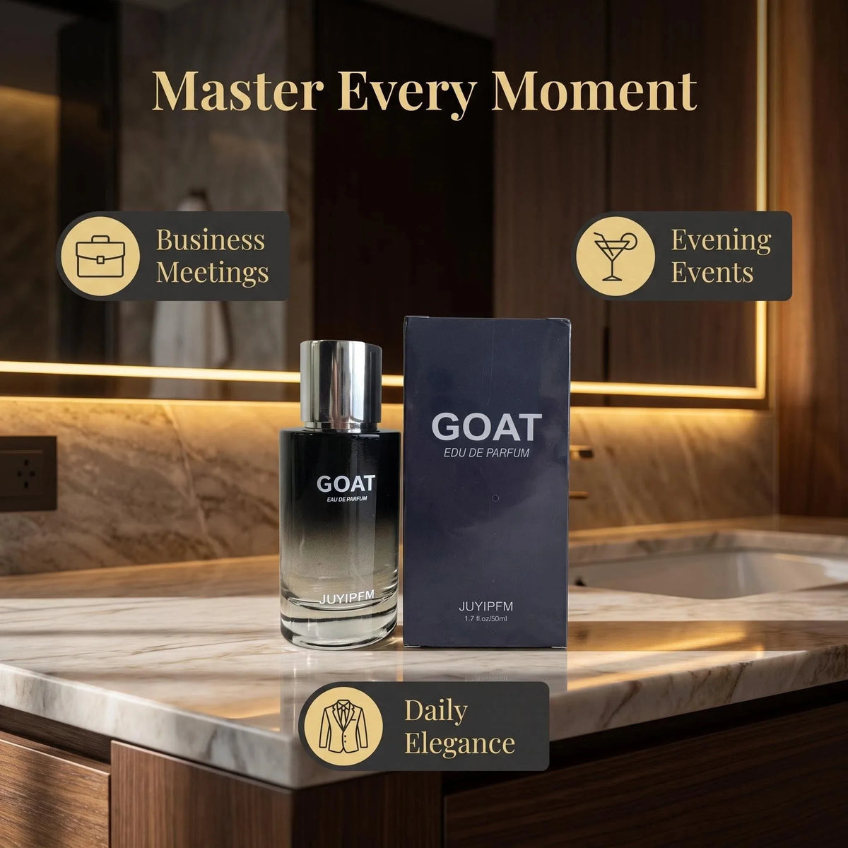 JUYIPFM GOAT Agarwood Woody Eau de Parfum Spray for Unisex – Rich Oud, Warm Amber & Sandalwood Scent, Powerful Long‑Lasting Sillage, Perfect Anniversary & Holiday Gift, 50 ml / 1.7 fl oz