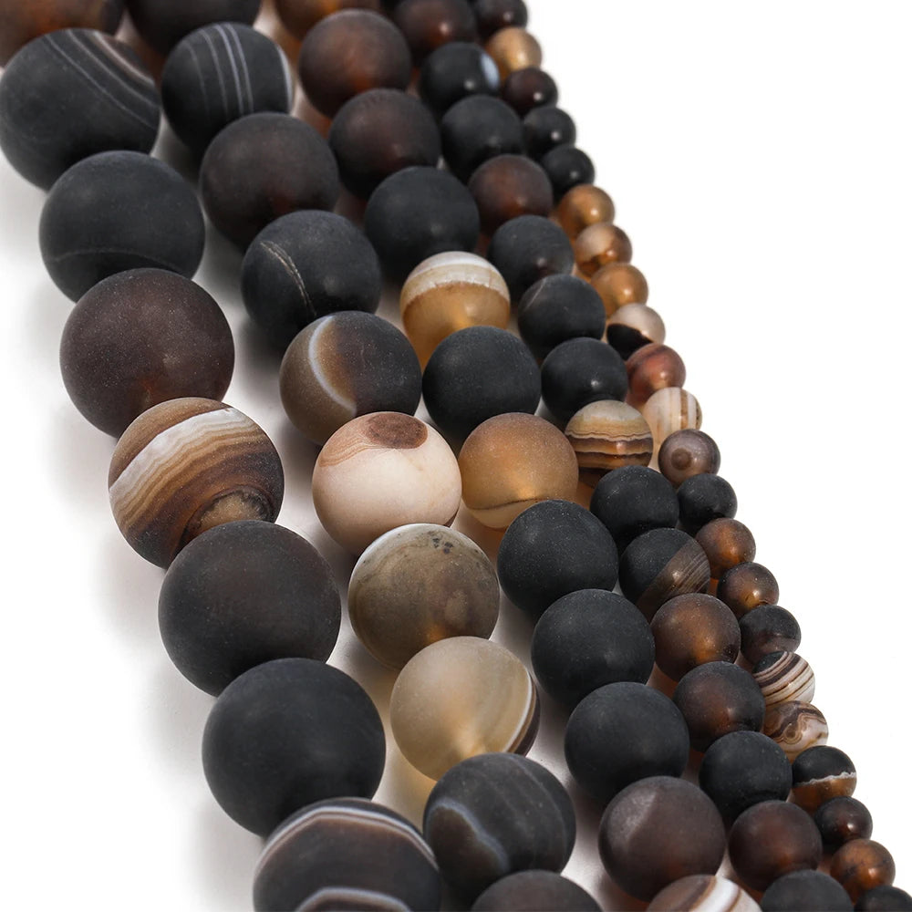 1strand Natural Stone Matte Coffee Stripe Agates Beads Natural Brown Loose Spacer Beads for jewelry making bracelet pick size