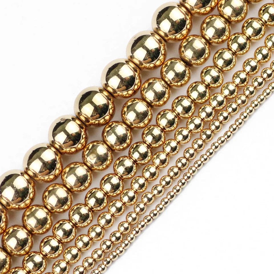 JHNBY Round Hematite Beads 2/3/4/6/8/10mm Natural Stone 14K Gold Color Loose Beads Ball Jewelry Bracelets Making DIY Accessories