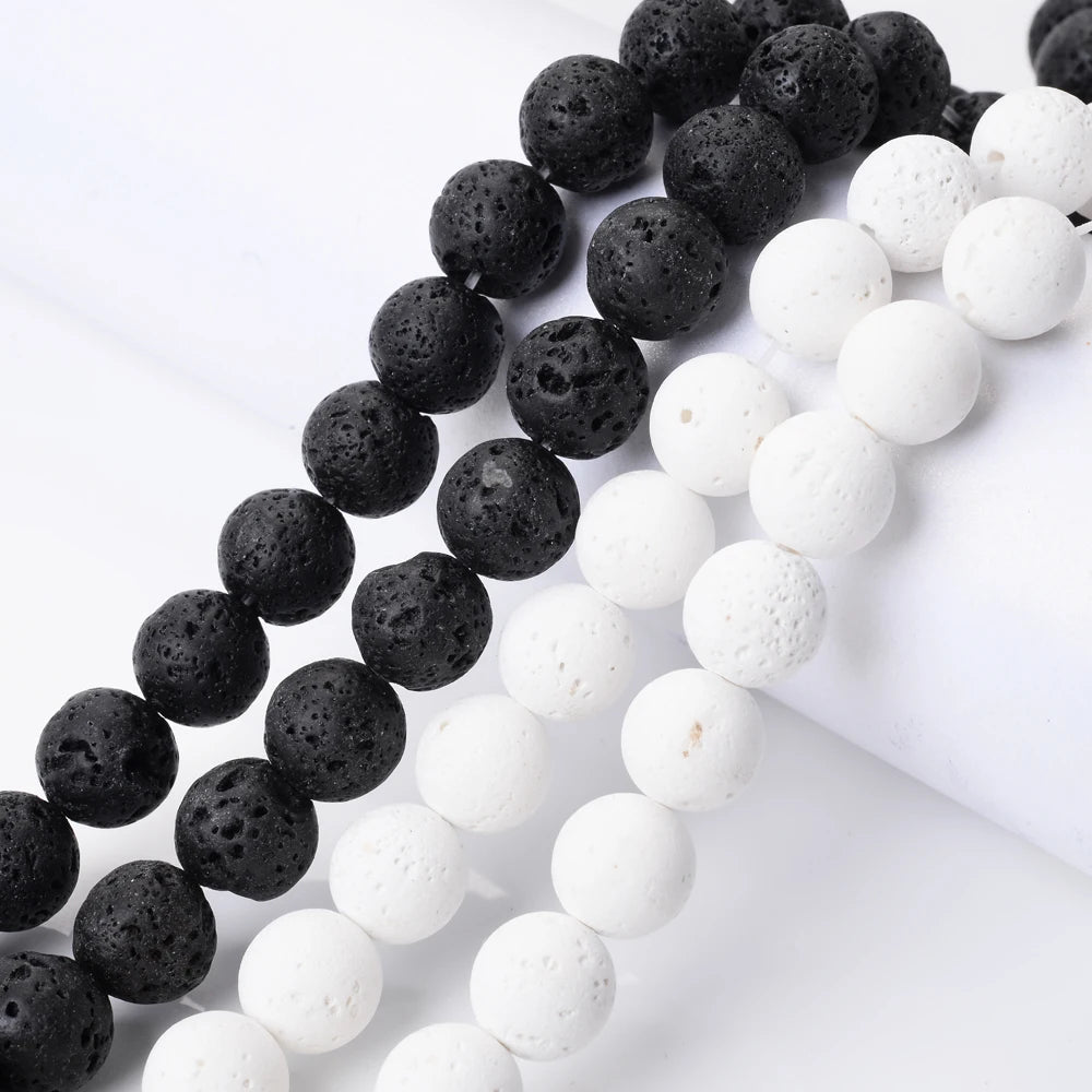 Natural Black White Lava Stone Beads Round Loose Beads Spacer Volcanic Rock For Jewelry Making DIY Bracelet Wholesale 4-14mm