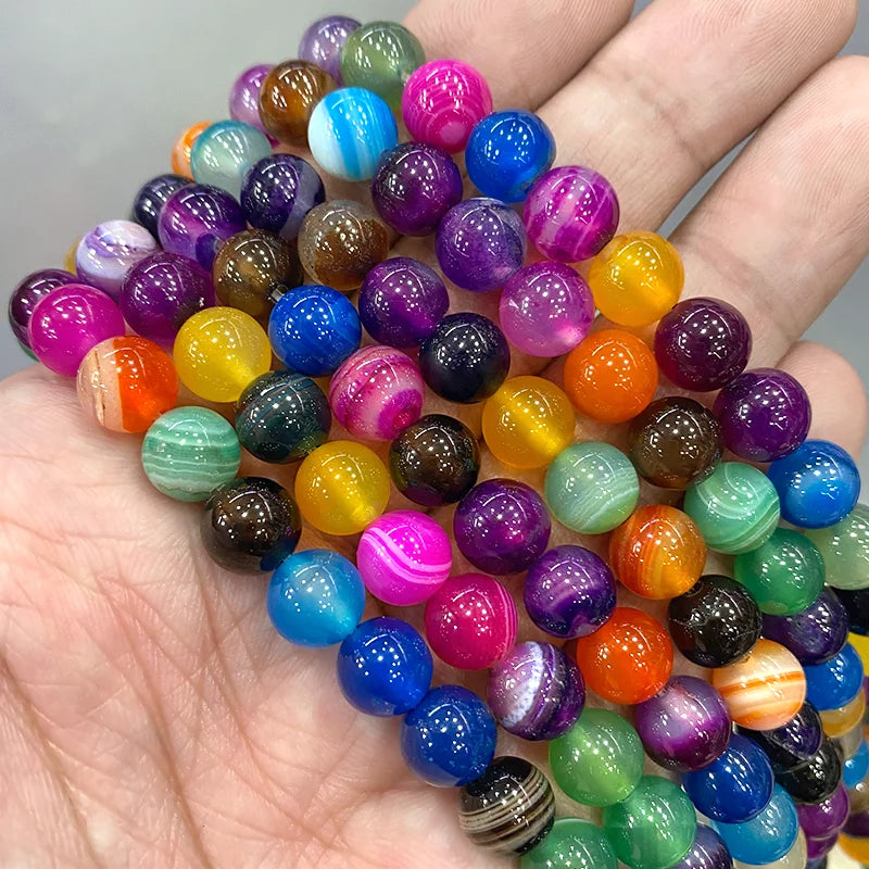 Natural Stone Mixed Color Stripe Agates Round Beads Diy Bracelet Necklace Pendants for Jewelry Making 15" Inch 4 6 8 10 12 14MM