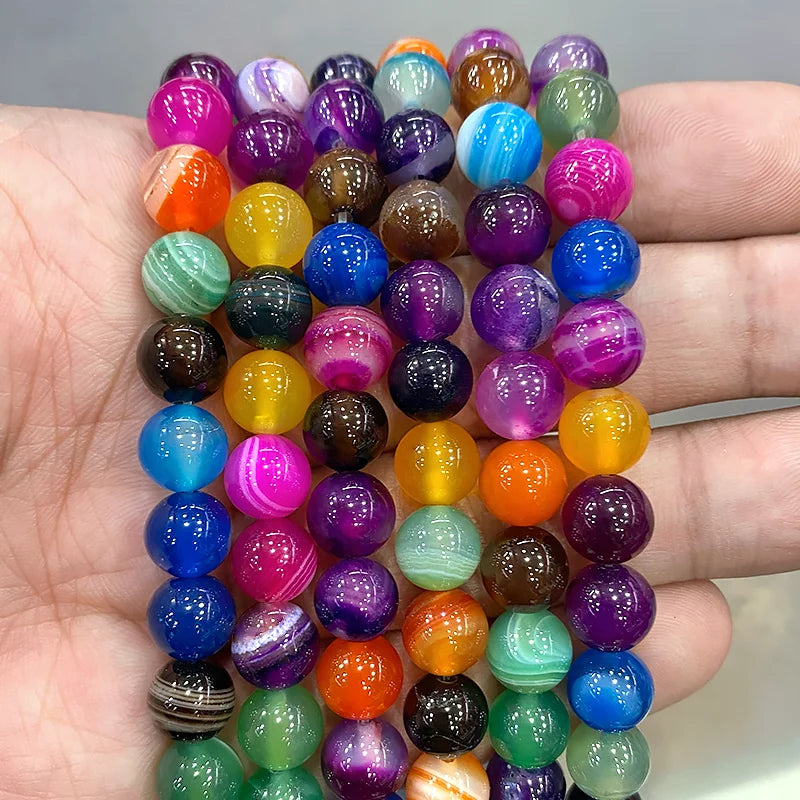 Natural Stone Mixed Color Stripe Agates Round Beads Diy Bracelet Necklace Pendants for Jewelry Making 15" Inch 4 6 8 10 12 14MM