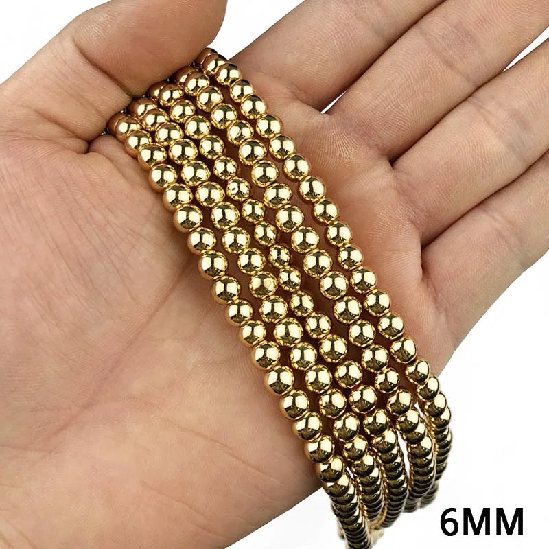 JHNBY Round Hematite Beads 2/3/4/6/8/10mm Natural Stone 14K Gold Color Loose Beads Ball Jewelry Bracelets Making DIY Accessories