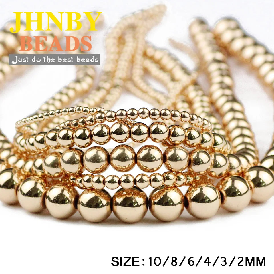 JHNBY Round Hematite Beads 2/3/4/6/8/10mm Natural Stone 14K Gold Color Loose Beads Ball Jewelry Bracelets Making DIY Accessories
