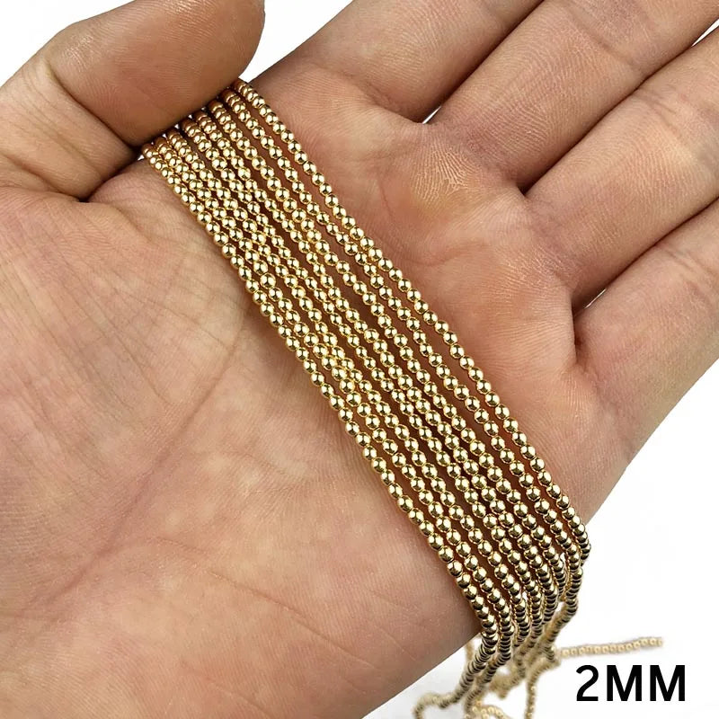 JHNBY Round Hematite Beads 2/3/4/6/8/10mm Natural Stone 14K Gold Color Loose Beads Ball Jewelry Bracelets Making DIY Accessories
