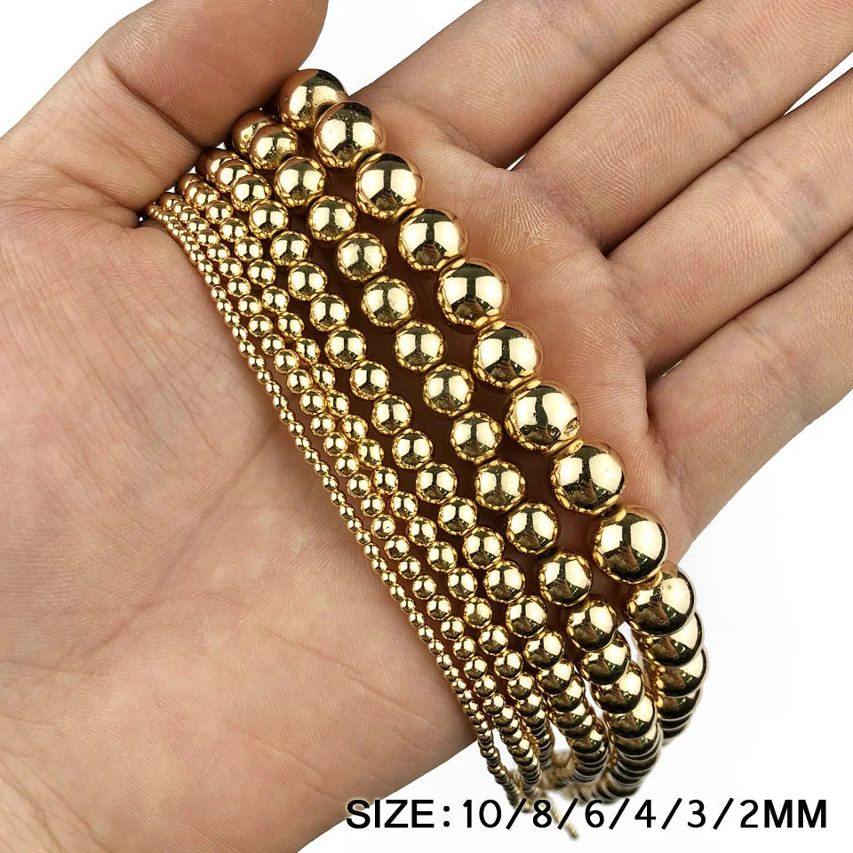 JHNBY Round Hematite Beads 2/3/4/6/8/10mm Natural Stone 14K Gold Color Loose Beads Ball Jewelry Bracelets Making DIY Accessories