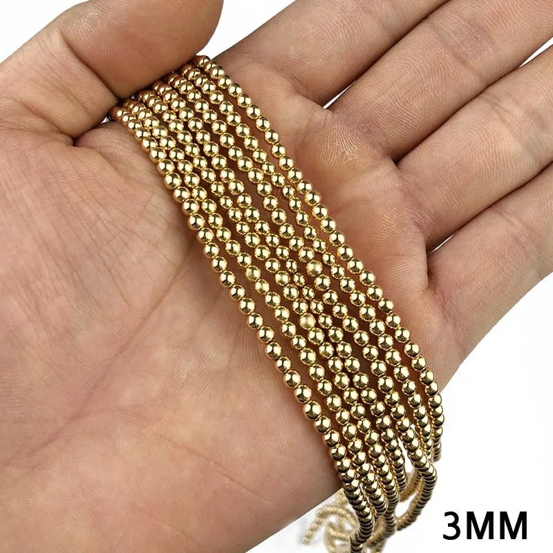 JHNBY Round Hematite Beads 2/3/4/6/8/10mm Natural Stone 14K Gold Color Loose Beads Ball Jewelry Bracelets Making DIY Accessories