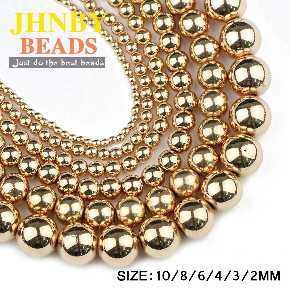 JHNBY Round Hematite Beads 2/3/4/6/8/10mm Natural Stone 14K Gold Color Loose Beads Ball Jewelry Bracelets Making DIY Accessories