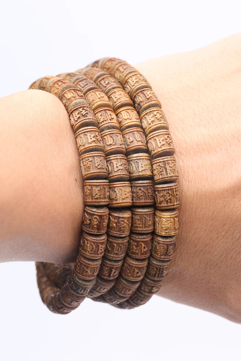 Sandalwood Tibetan Buddhist Prayer Wheel Type Bracelet 8mmx8mm Tibetan Six-Character Mantra Rosary Wooden Jewelry