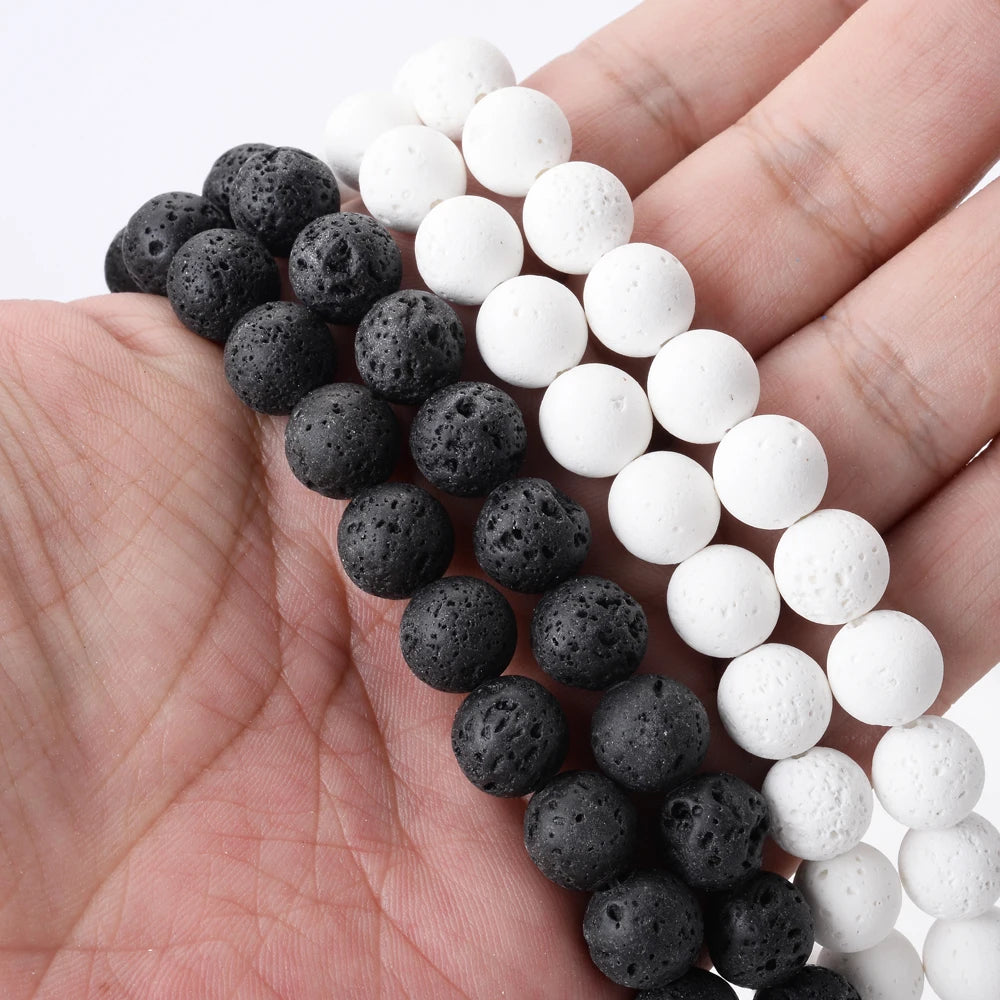 Natural Black White Lava Stone Beads Round Loose Beads Spacer Volcanic Rock For Jewelry Making DIY Bracelet Wholesale 4-14mm