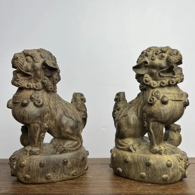 Hand-Carved Agarwood Foo Dog Lion Pair 5.3H Feng Shui Statue