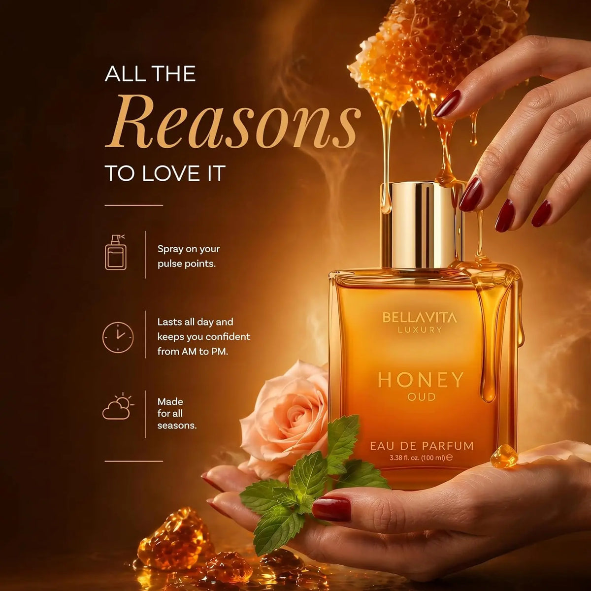 Bella Vita Honey Oud Unisex Eau De Parfum 100ml 3.4oz Warm Sweet Honey Agarwood Oriental Woody Perfume Amber Square Bottle Long Lasting Fragrance Gift for Men Women