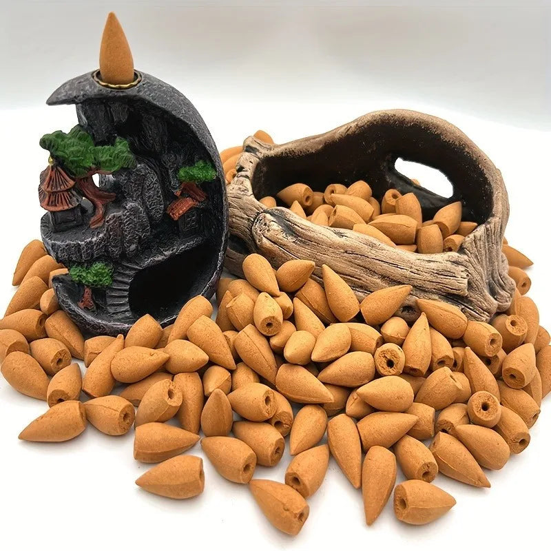 100g Natural Sandalwood Backflow Incense Cones Waterfall Burner Compatible for Home Office Cleansing Meditation Yoga