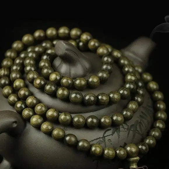 Gold-Rimmed Wooden Buddha Beads Bracelet 1.8mm