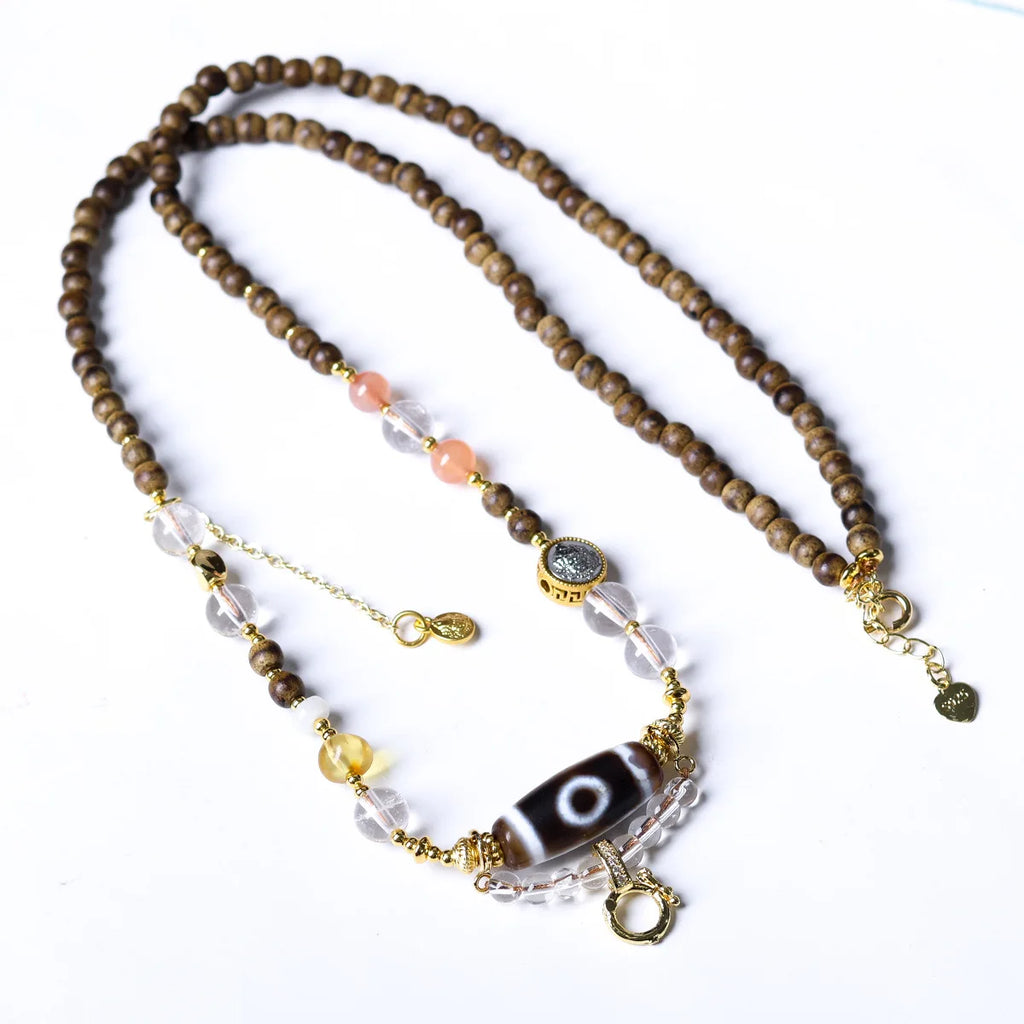 First Grade Butter Agarwood Pendant Rope with Natural White Crystal South Red Agate Dzi Bead Universal Hanging Cord Gifts