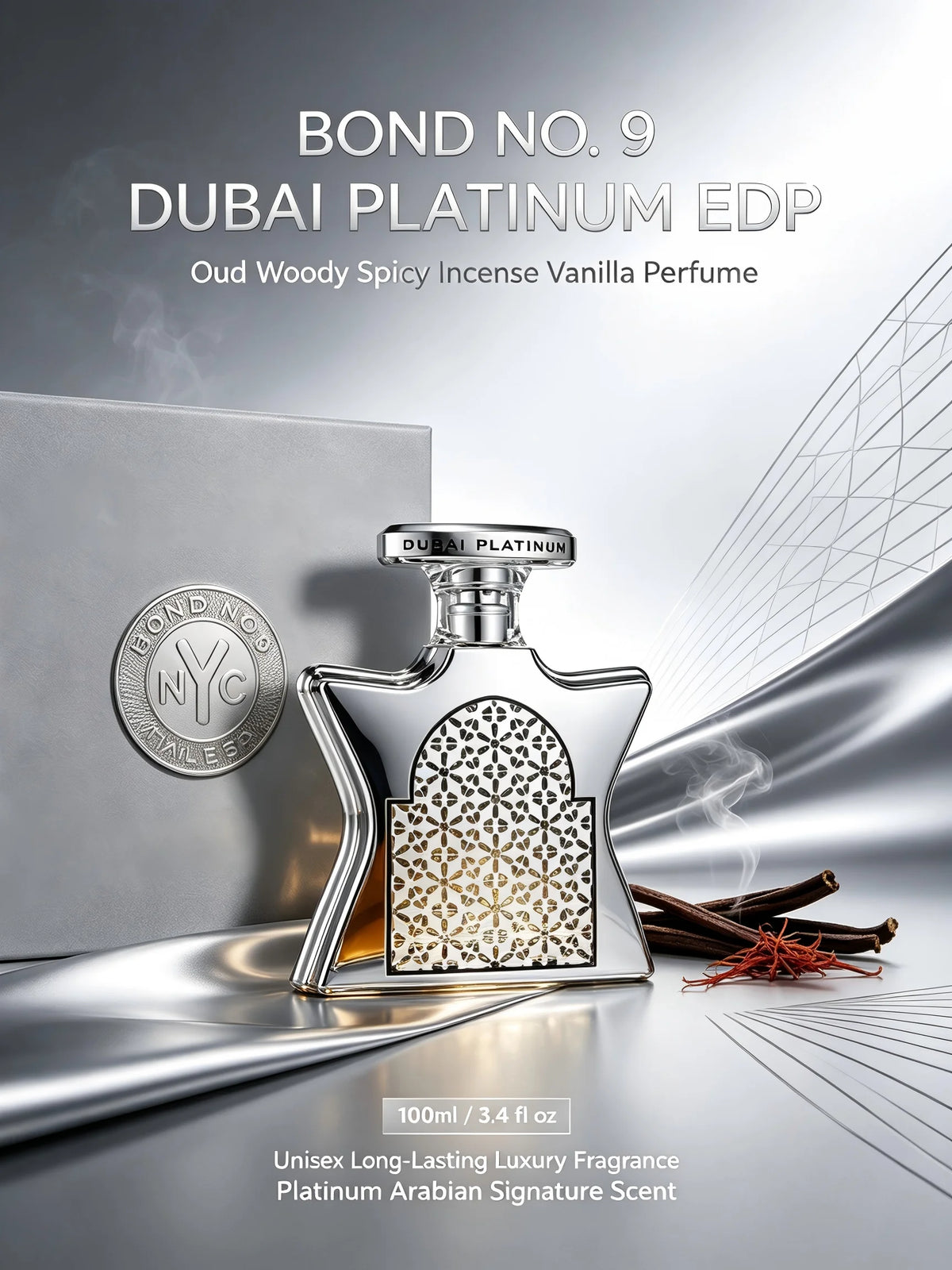 Bond No. 9 Dubai Platinum EDP Unisex Perfume, 3.4 fl oz/100ml, 1 Bottle, Oud Woody Spicy Incense Vanilla Long Lasting Fragrance, Birthday Gift, Fall, Halloween, Thanksgiving, Black Friday, Christmas, New Year Holiday Gift