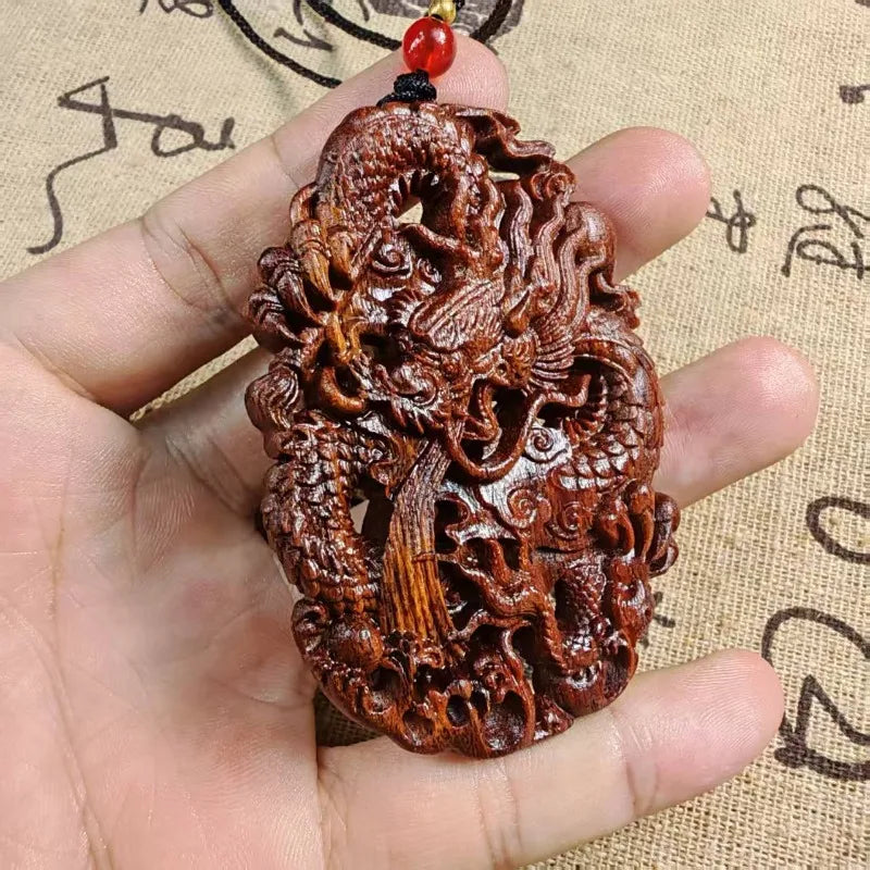 Hand-Carved Agarwood Dragon Pendant 2.75 Wood Art
