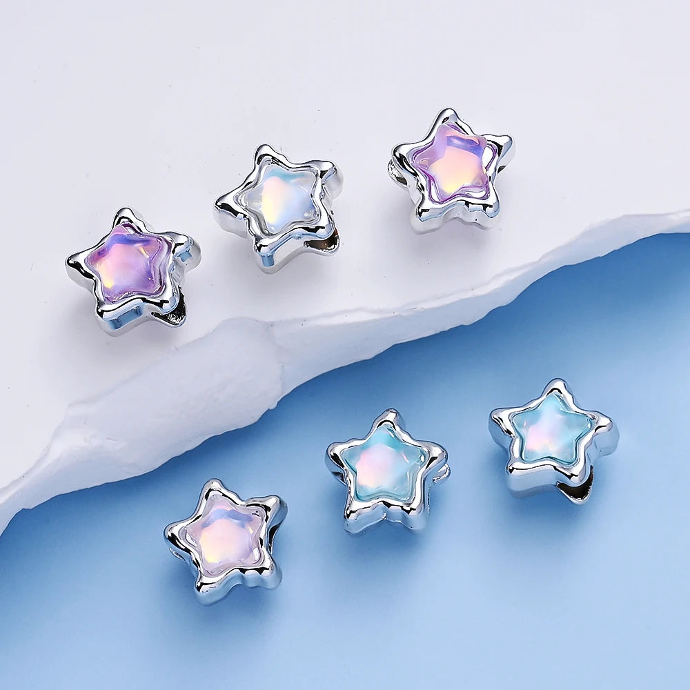 10pcs Dreamy Aurora Alloy Star Beads Big Hole Spacer Beads for Beaded Pens  Keychains for Jewelry Making DIY Trendy Loose Beads