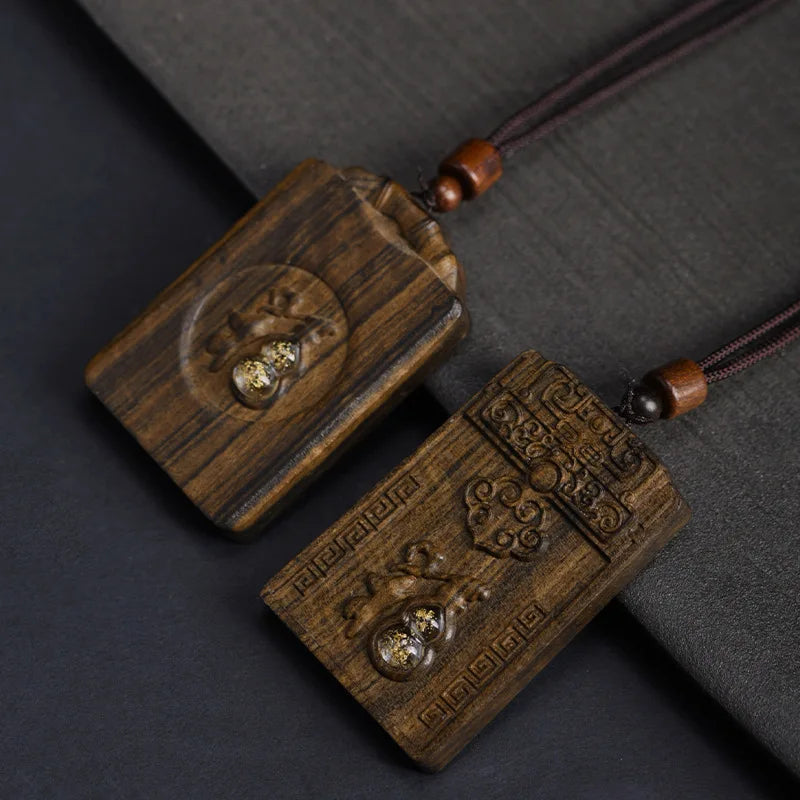 Agarwood Peace Tag Pendant Neckwear Fortune Carved Unisex Inlaid Craft Small Necklace Jewelry