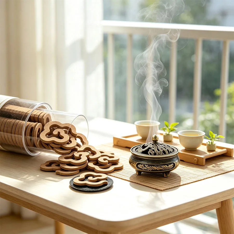 1 jar contains approximately 40-42 cloud-shaped incense sheets paired with a mini dragon and phoenix incense burner. There are over 30 floral and woody incense scents to choose from, including sandalwood, agarwood, lav