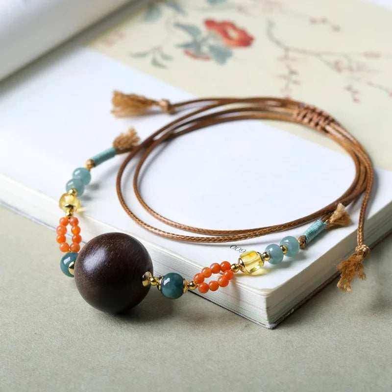 Handwoven White Agarwood Necklace Natural South Red Agate Jade Sweater Chain New Chinese Style Wishing Luck Gifts