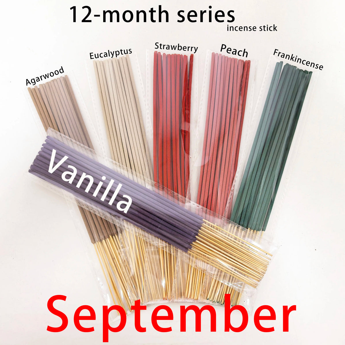 126 Pieces/6 Sets, 12-Month Seasonal Series Combination Set of 22cm Incense Sticks, Including Sandalwood, Agarwood, Dragon's Blood, Cherry, Rose, Jasmine, Watermelon, Strawberry, Cherry, Passion Fruit, Iris, Lavender,