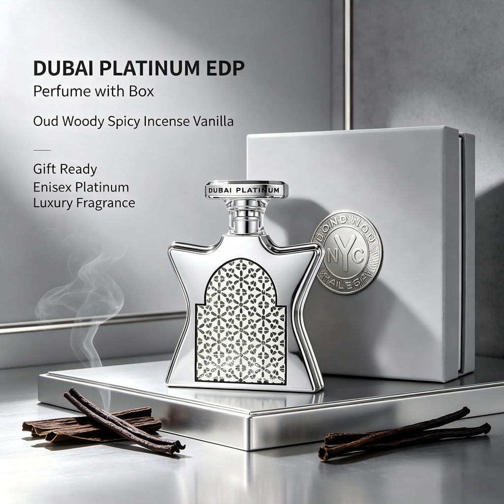 Bond No. 9 Dubai Platinum EDP Unisex Perfume, 3.4 fl oz/100ml, 1 Bottle, Oud Woody Spicy Incense Vanilla Long Lasting Fragrance, Birthday Gift, Fall, Halloween, Thanksgiving, Black Friday, Christmas, New Year Holiday Gift