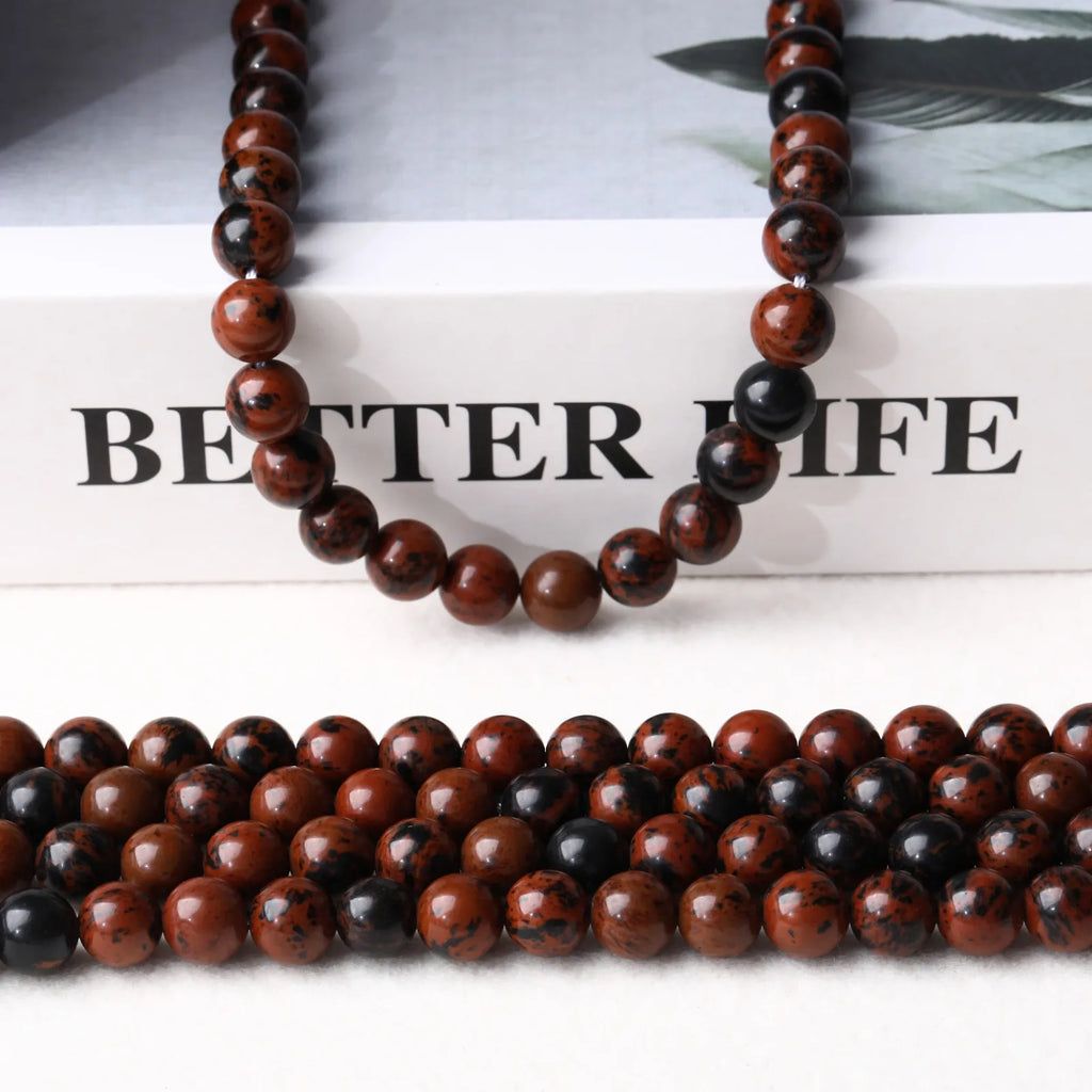 Natural Stone Mahogany Obsidian Beads Round Golden Swan Bead for Jewelry Making DIY Bracelet Necklace Accessories 4/6/8/10mm