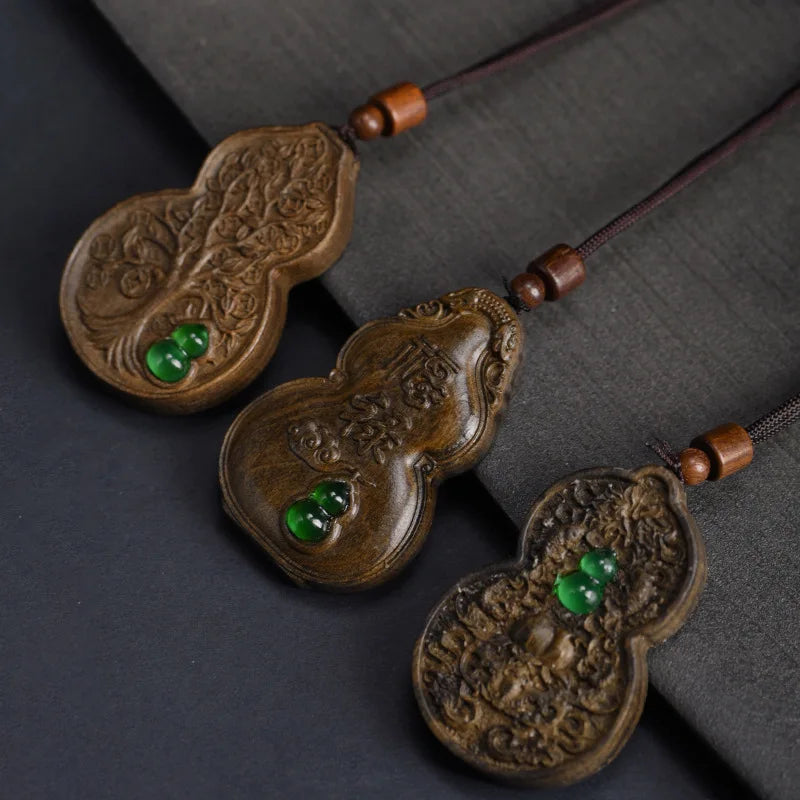 Agarwood Peace Tag Pendant Neckwear Fortune Carved Unisex Inlaid Craft Small Necklace Jewelry